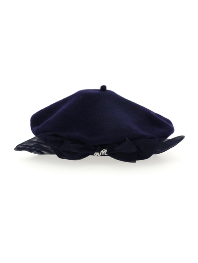 Monnalisa Boiled Wool Beret With Bow In Dark Blue