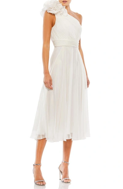 Mac Duggal Rosette One Shoulder Tea Length Dress In White