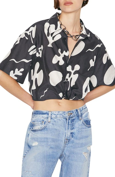 Frame Abstract Leaf Twist Front Cotton & Silk Crop Shirt In Faded Noir Multi