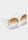 Ferragamo Cutout Gancio Round Metal Sunglasses In Rose Gold/brown Gradient