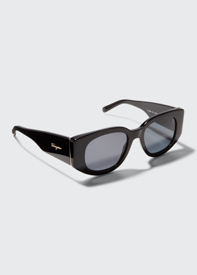 Ferragamo Thick Oval Acetate Sunglasses In Black