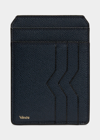 Valextra Men's V-cut Compact Pebble Leather Card Holder In Blu
