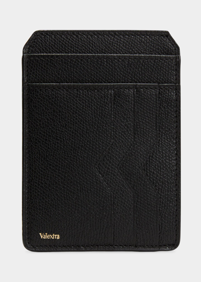 Valextra Men's V-cut Compact Pebble Leather Card Holder In Nero