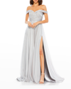 MAC DUGGAL OFF-THE-SHOULDER A-LINE CHIFFON GOWN WITH THIGH SLIT