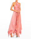 Mac Duggal Pleated Halter Neck Asymmetrical Hem Gown In Rose Pink