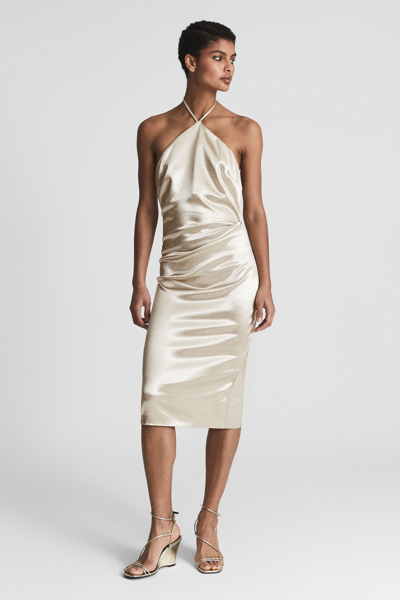 Reiss Farah Ruched Halter Satin Midi Dress In Silver