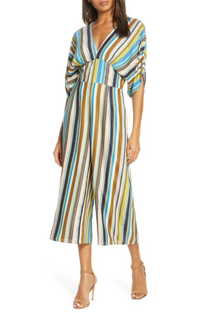 Adelyn Rae Lindsey Stripe Wide Leg Jumpsuit In Citron/ Blue