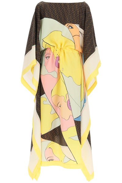 Fendi Long Silk Kaftan Dress In Brown,yellow