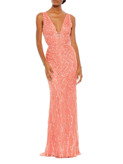 Mac Duggal Sequined Plunge Neck Sleeveless Column Gown In Coral