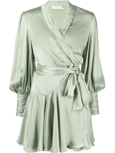 Zimmermann Silk Wrap Mini Dress In Green