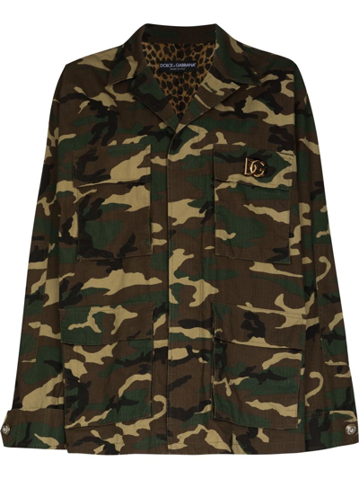 Dolce & Gabbana Logo-plaque Camouflage-print Overshirt In Green