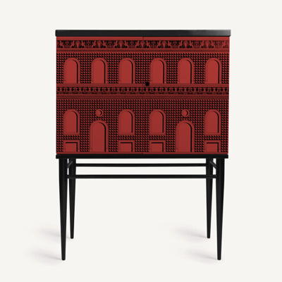Fornasetti Raised Small Sideboard Facciata Quattrocentesca In Red/black