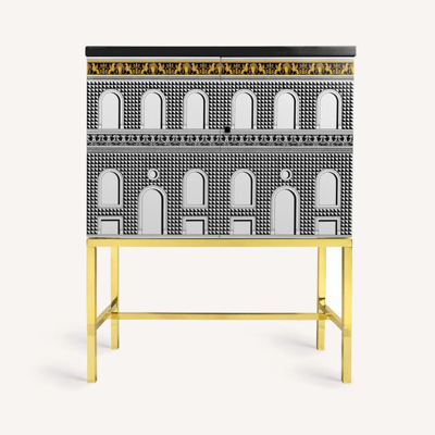 Fornasetti Raised Small Sideboard Facciata Quattrocentesca In White/black/yellow