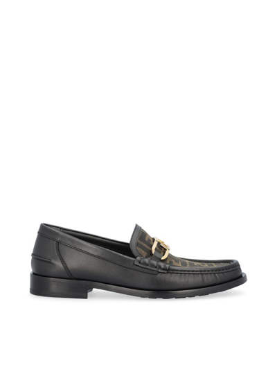 Fendi Leather Loafer With Ff Print Insert In Noir