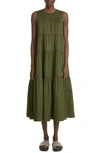 Co Tiered Tton Midi Dress In Evergreen
