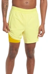 Nike Dry-fit 2-in-1 Pocket Yoga Shorts In Lt Zitron/ Dark Sulfur/ Blk