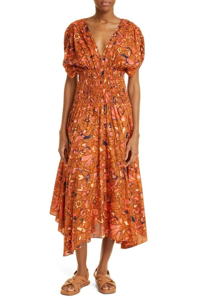 A.l.c Lucia Floral V Neck Smocked Waist A-line Midi Dress In Multi