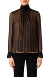 AKRIS TRAPEZOID PLEAT MOCK NECK SILK GEORGETTE BLOUSE