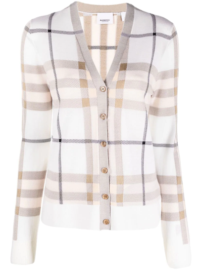 Burberry Checked Intarsia Wool-blend Cardigan In White
