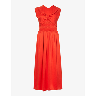 Tove Mahany Twist Front Smocked Waist A-line Midi Dress In Carmine Red