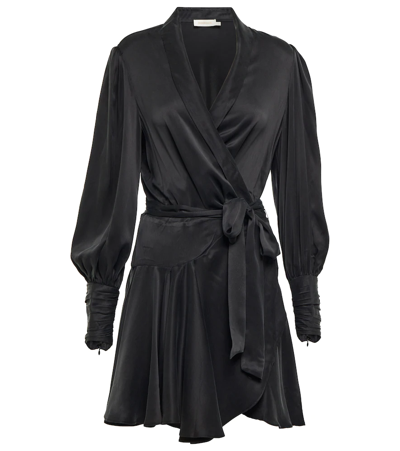 Zimmermann Ruffled Silk-satin Mini Wrap Dress In Black