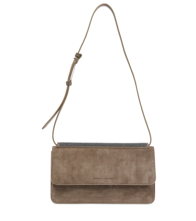 Brunello Cucinelli Embellished Suede Crossbody Bag In C2126 Charcoal