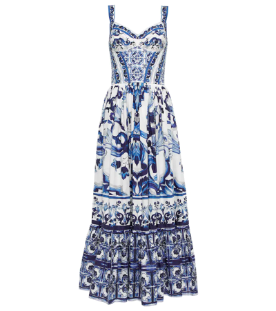 Dolce & Gabbana Calf-length Bustier Dress In Majolica-print Poplin In Multicolor