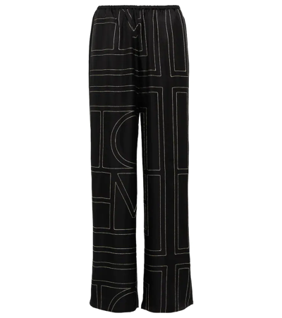 Totême Black Silk Monogram Pj Lounge Pants In Black Monogram