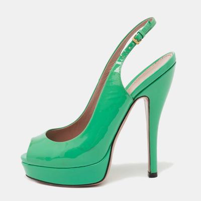 Pre-owned Gucci Green Patent Leather Sofia Platform Peep Toe Ankle Strap Sandals Size 35.5