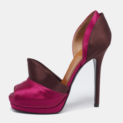 Pre-owned Fendi Magenta/brown Satin Anemone D'orsay Peep-toe Platform Pumps Size 38.5