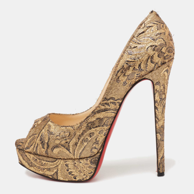 Pre-owned Christian Louboutin Gold Brocade Fabric Lady Peep-toe Platform Pumps Size 38