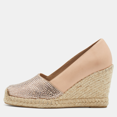 Pre-owned Le Silla Nude Leather Crystal Embellished Wedge Espadrilles Pumps Size 38 In Beige