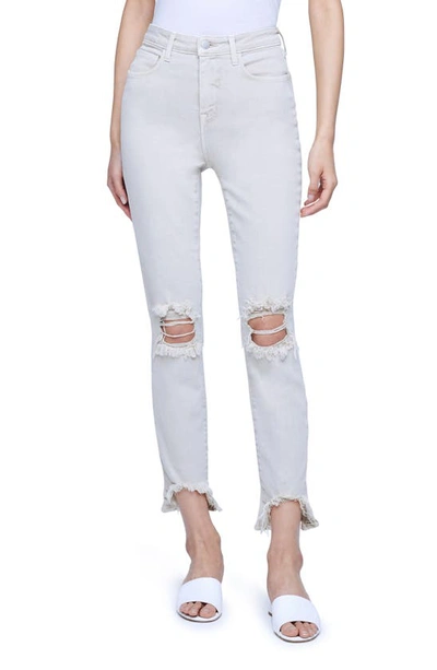 L Agence High Line Ripped Slim Trousers In Biscuit Destruct