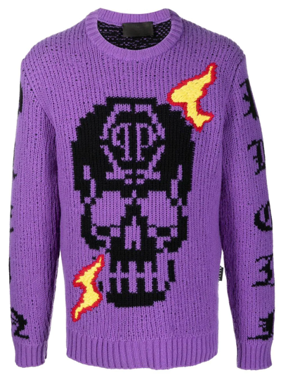 Philipp Plein Skull Logo Embroidered Jumper In Purple