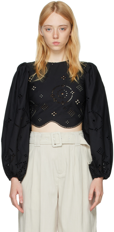 Ganni Broderie Anglaise Cropped Blouse In Black