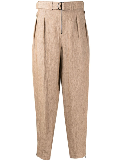 Emporio Armani Pleat-detail Linen Trousers In 褐色