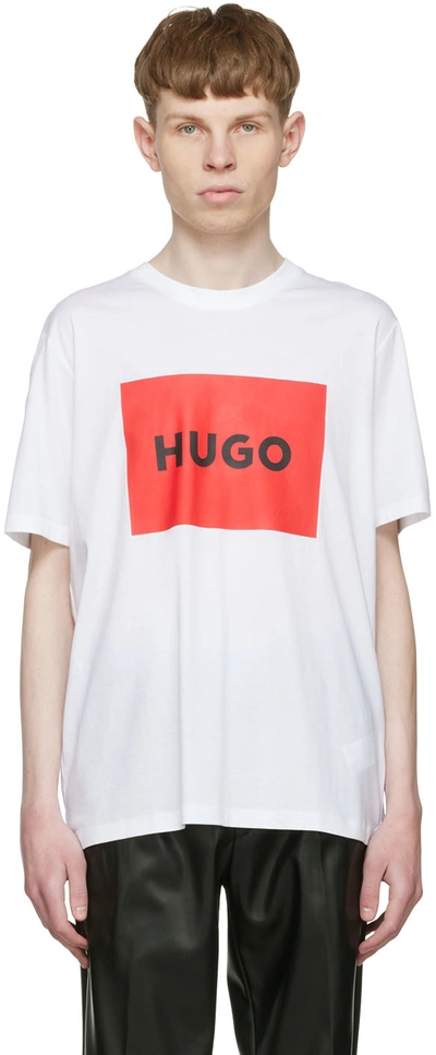 Hugo Cotton T-shirt With Red Logo Label In White