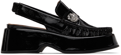 Ganni Silver-brooch Leather Slingback Loafers In Black