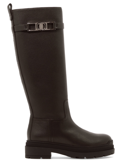 Salvatore Ferragamo Ryder Embellished Textured-leather Knee Boots In Black