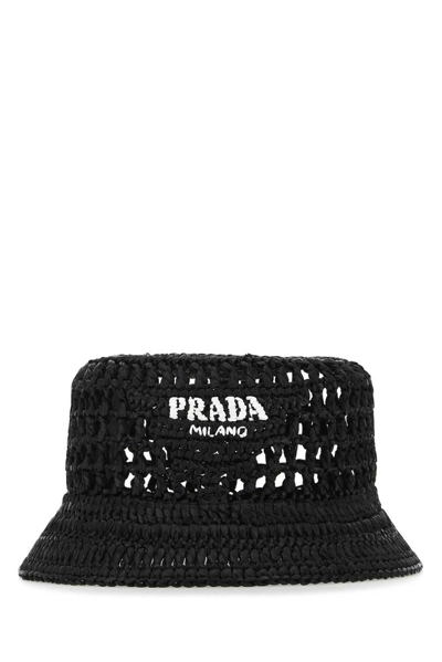 Prada Logo Embroidered Woven Bucket Hat In Black