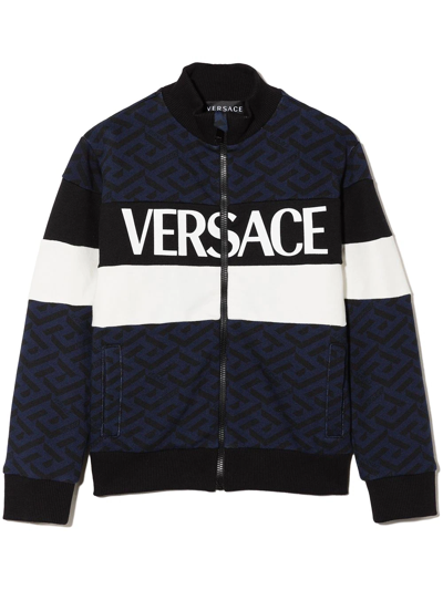 Versace Kids' La Greca-print Logo Zipped Jacket In Blue