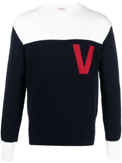 Valentino Cotton Sweater With Intarsia In Blue