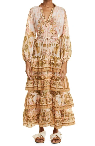 Zimmermann Lyre Floral Ruffle Tiered Long-balloon Sleeve Midi Dress In Pink,multi