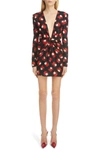 Saint Laurent Rose Print Plunge Neck Long Sleeve Silk Minidress In Noir Rouge Craie