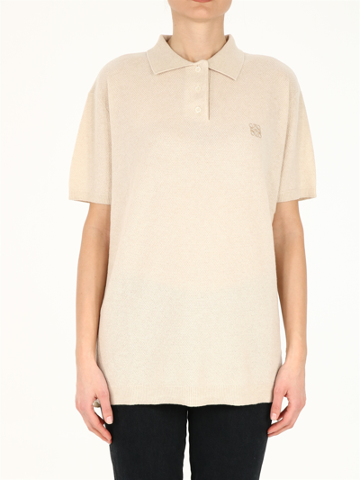 Loewe Embroidered Logo Knitted Polo Shirt In Beige