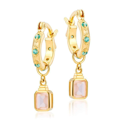 V Jewellery Lena Gold Hoop Earrings & Emerald Cut Charm In Gold,pink