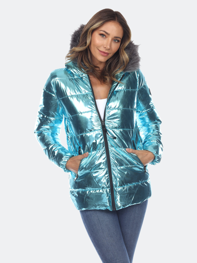 White Mark Plus Size Metallic Puffer Coat With Hoodie In Mint
