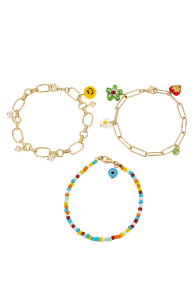 Ettika Colorful Bead And Gold Plated Link Chain Charm Bracelet Set