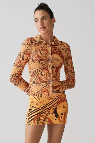 House Of Sunny Let's Get Out Abstract-pattern Stretch-woven Shirt In Brown