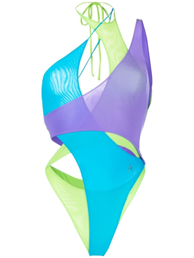 Attico Asymmetric Crystal-embellished Paneled Swimsuit In Multicolor